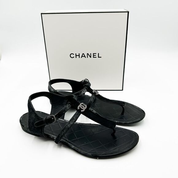 Chanel CC Logo Sandals Black Suede and Calf Hair Metallic Flats Size Eu 39 US 8- - Picture 1 of 11